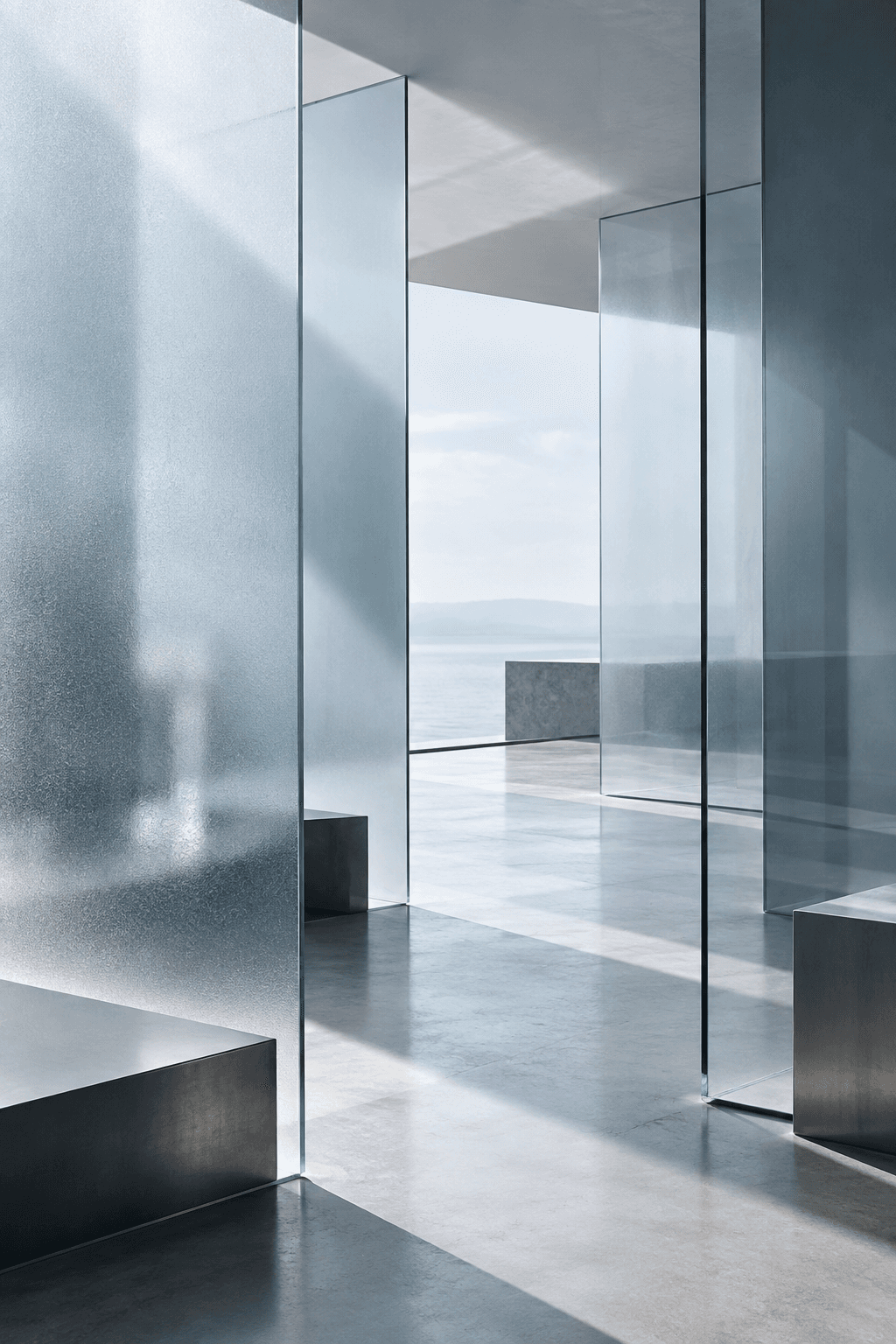 Translucent glass planes arranged to create a clear path through a bright architectural space